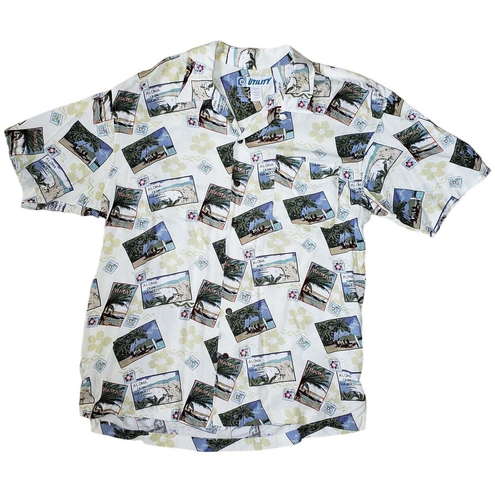 Utility Aloha Hawaii Postcard‎ Print Rayon Hawaiian Shirt Mens Large Vintage Y2K